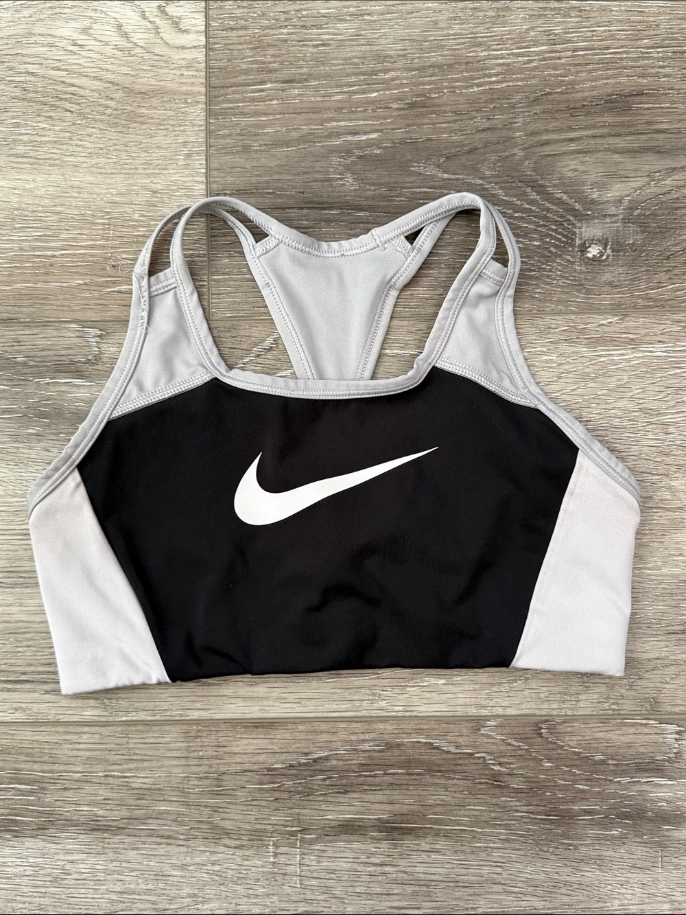 Nike Black and Light Gray Racerback Sports Bra with White Swoosh